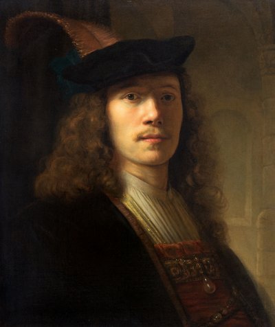 Portret van een man met een gevederde baret en schaduwrijke ogen door Pieter Hermansz Verelst